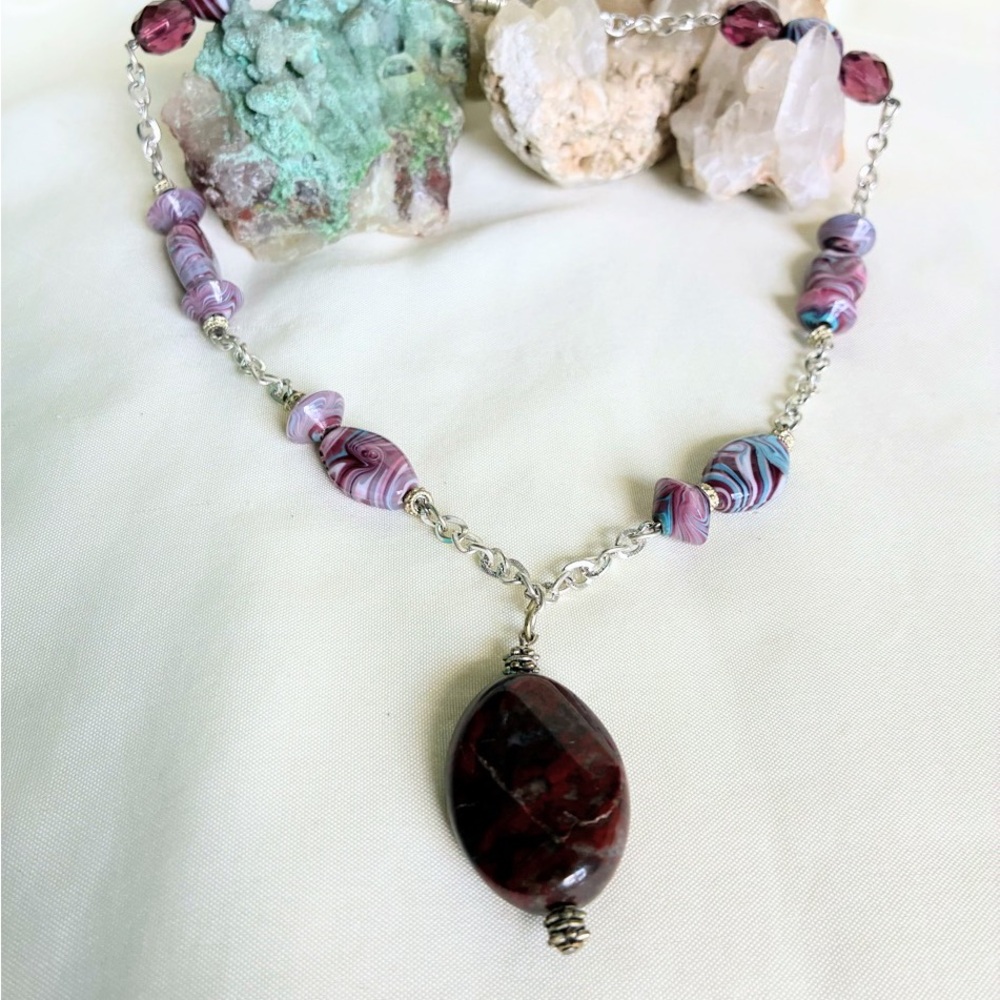 Purple glass and red bloodstone jasper crystal beaded necklace